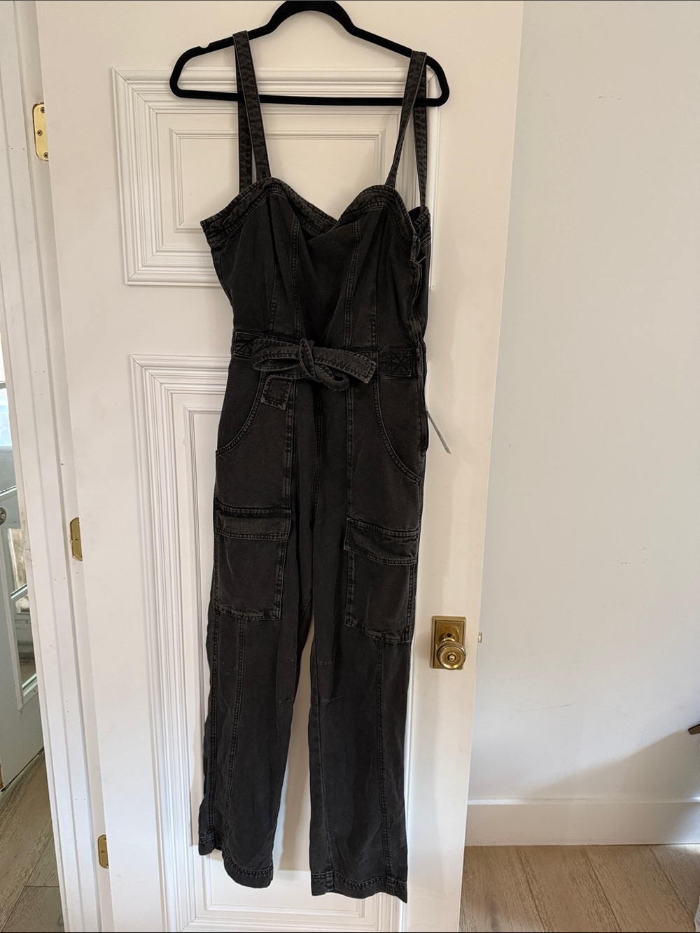Free People Black Denim Cargo Overalls with Waist Tie
